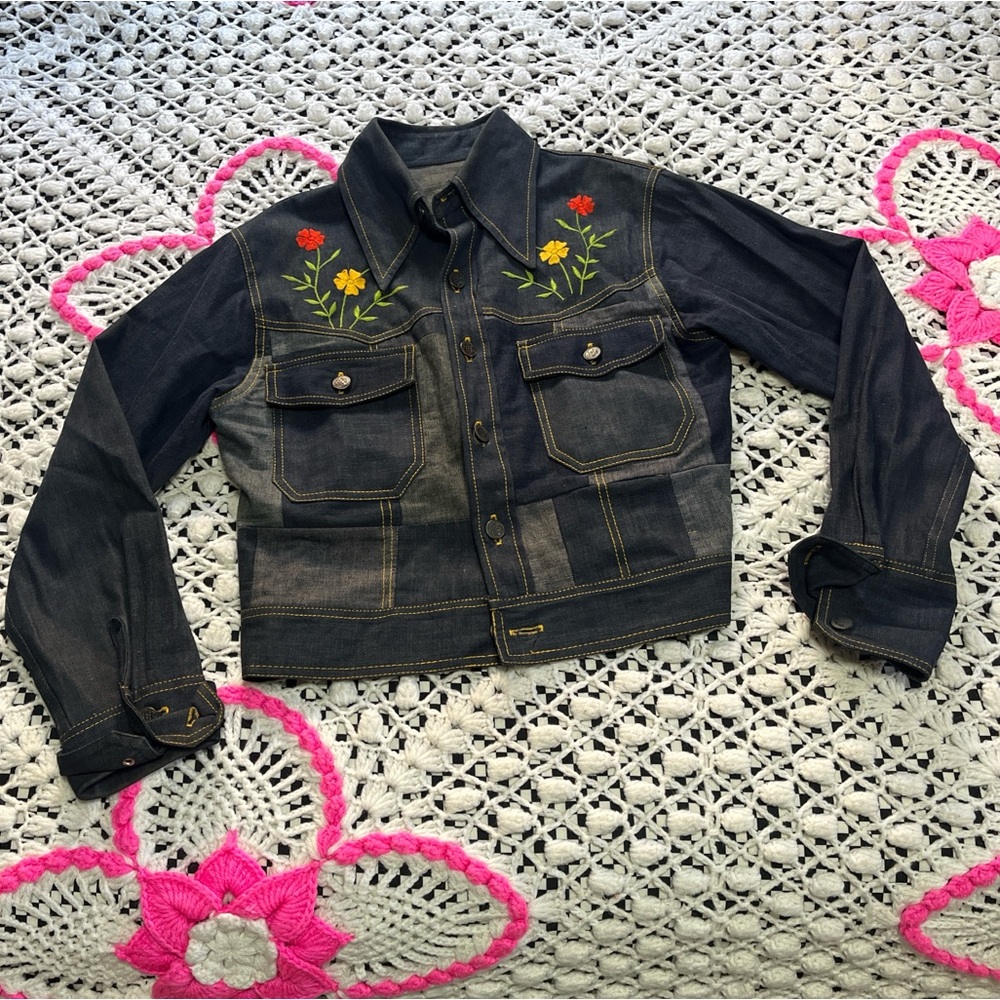 1970’s Dark Denim Color blocked Embroidered Flower Jacket (handmade)